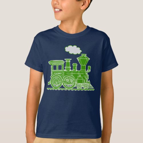Green steam loco train custom name kids t_shirt