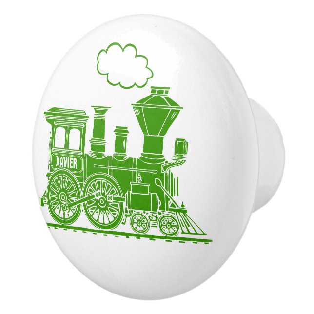 Green steam train custom art doorknob ceramic knob (Right)