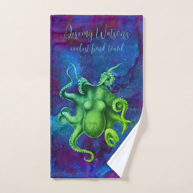 Green steampunk octopus on blue alcohol ink custom hand towel  (Hand Towel)