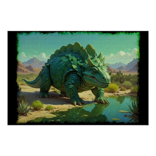 Green Stegosaurus and Desert Pool Poster