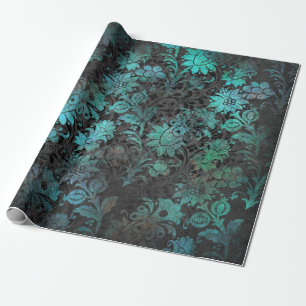 Green Stencil Flowers on Charcoal Wrapping Paper