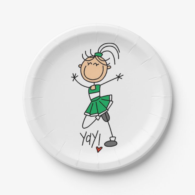 Green Stick Figure Cheerleader Paper Plates (Front)