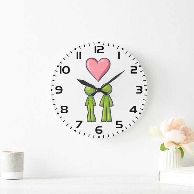 Green Stick Figure Couple Pink Heart Love Large Clock (Creator Uploaded)