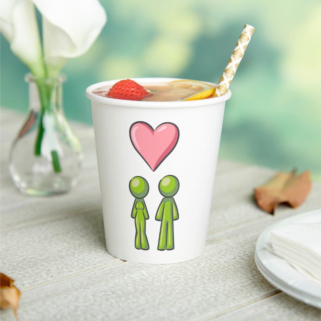 Green Stick Figure Couple Pink Heart Love Paper Cups (Creator Uploaded)