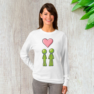 Green Stick Figure Couple Pink Heart Love T-Shirt