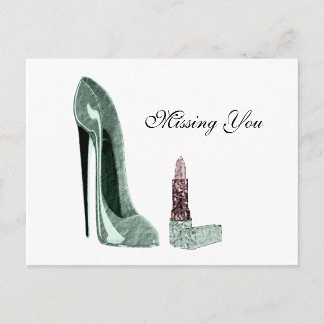 Green Stiletto Shoe and Lipstick Art Postcard (Front)