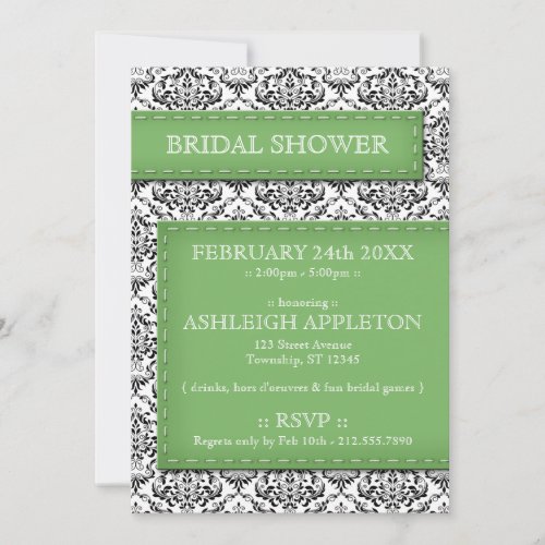 Green Stitched Damask Bridal Shower Invitations