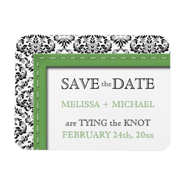 Green Stitched Damask flat Save the Date Magnet (Horizontal)