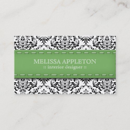 Green Stitched Damask Interior Designer Business Card Template