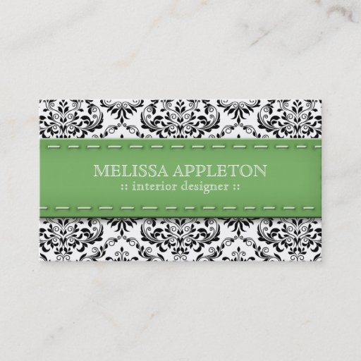 Customizable Green Stitched Damask Interior Designer Business Card Template