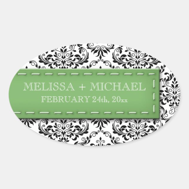 Green Stitched Damask Wedding Large Favor Stickers (Front)