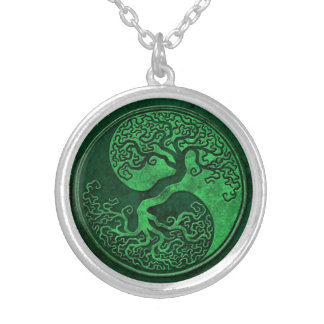 Green Stone Yin Yang Tree Silver Plated Necklace