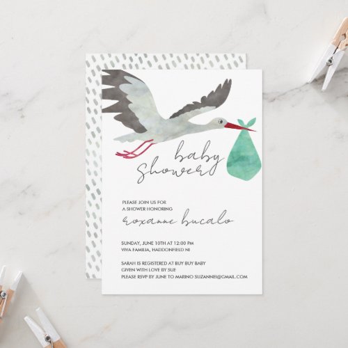 Green Stork Baby Shower Invitation