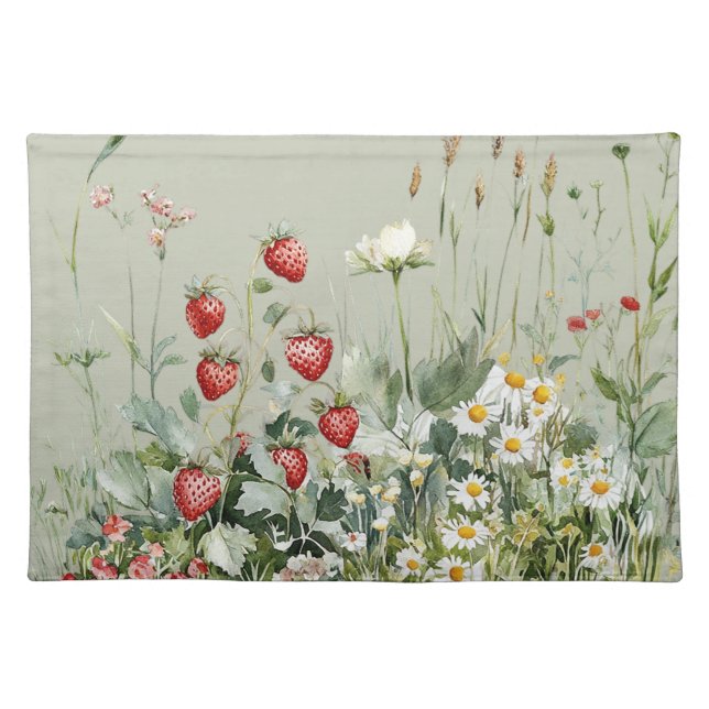 Green Strawberries Daisy Flowers Cloth Placemat (Front)
