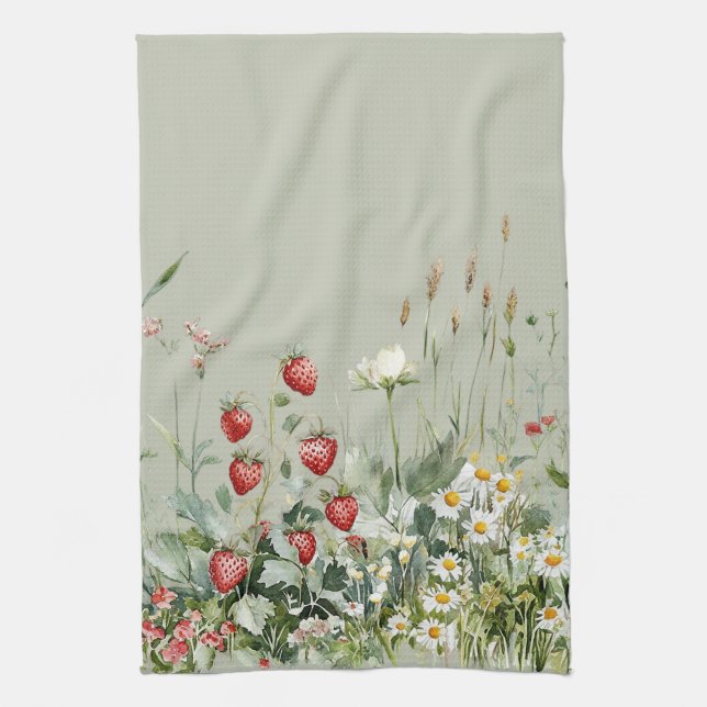 Green Strawberries Daisy Flowers Kitchen Towel (Vertical)