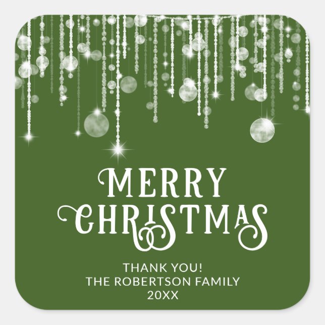 Green String Lights Christmas Party Favor Square Sticker (Front)