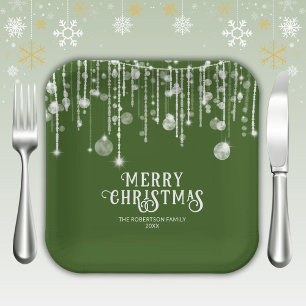 Green String Lights Christmas Party Paper Plates