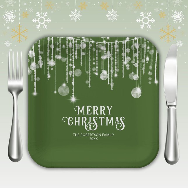 Green String Lights Christmas Party Paper Plates (Creator Uploaded)