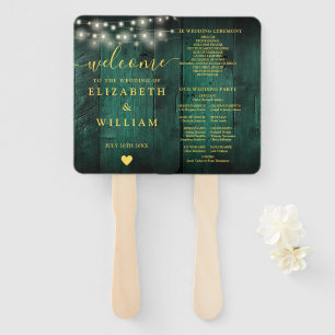 Green String Lights Rustic Wood Wedding Program Hand Fan
