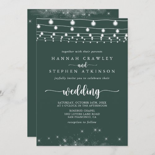 Green String Lights Stars Front  Back Wedding  Invitation
