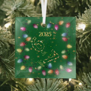 Green String of Christmas Lights Gold Star 6 7 Glass Ornament