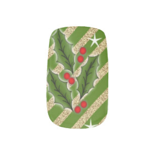 Green Strip Pattern with Holly Christmas Nail Art