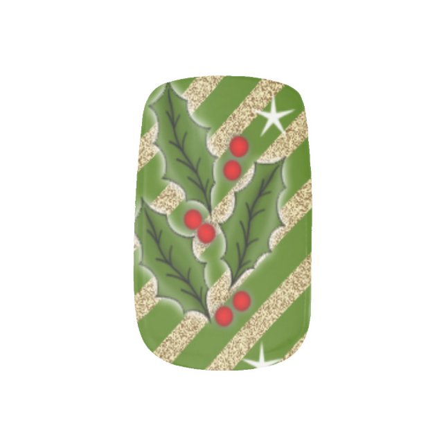 Green Strip Pattern with Holly Christmas  Nail Art (Left Thumb)