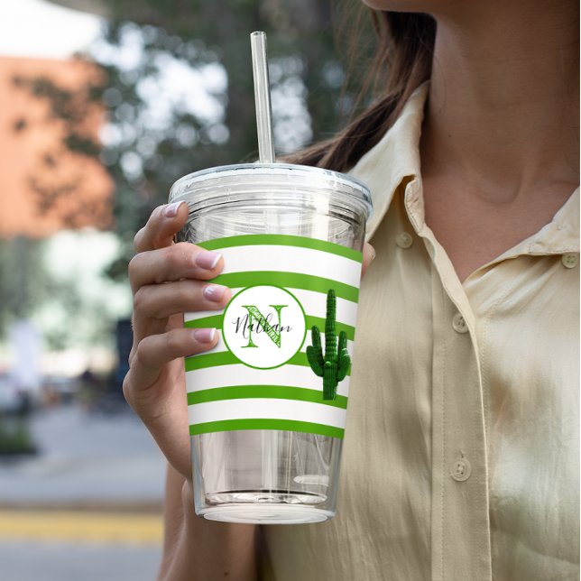 Green Stripe and Saguaro Monogrammed Personalized Acrylic Tumbler (Creator Uploaded)