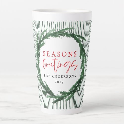 Green stripe and watercolour wreath Christmas Latte Mug