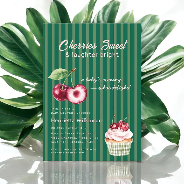 Green Stripe Cherry Cupcake Baby Shower Invitation (Creator Uploaded)