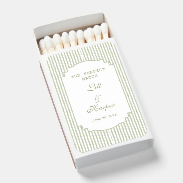 Green Stripe Custom Wedding Favor Engagement Party Matchboxes (Front Open)