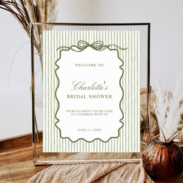 Green Stripe Elegant Wedding Bridal Shower Welcome Poster (Creator Uploaded)