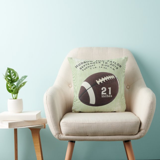 Green Stripe Football Boys Birth Record Throw Pillow (Chair)