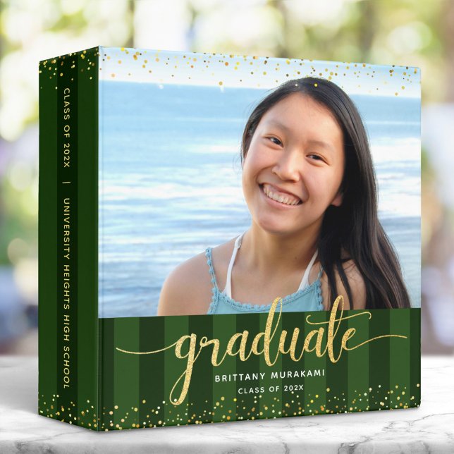 Green stripe graduation photo gold script keepsake 3 ring binder (Creator Uploaded)