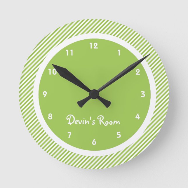 Green Stripe Kid's Bedroom Round Clock (Front)