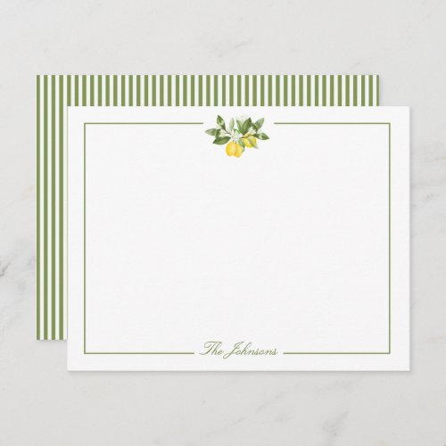 Green Stripe Lemon Branch Personalized Stationery Note Card