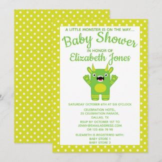 Green Stripe Little Monster Baby Shower Invitation