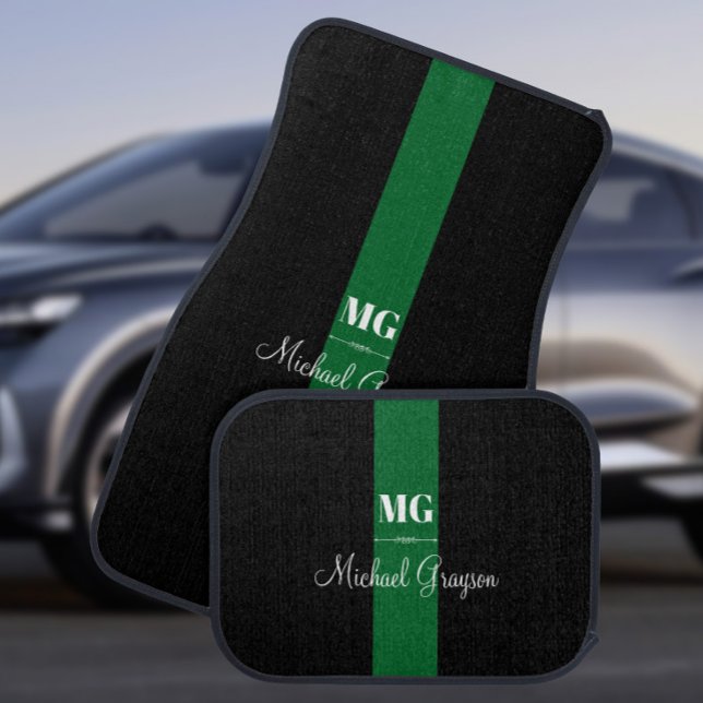 Green Stripe Monogram and Name, Car Floor Mat (Creator Uploaded)