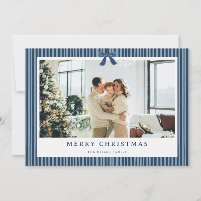 Green Stripe Red Bow Christmas Photo Holiday Card  (Front)