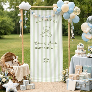 Green Stripe Teddy Bear Baby Shower Welcome Banner