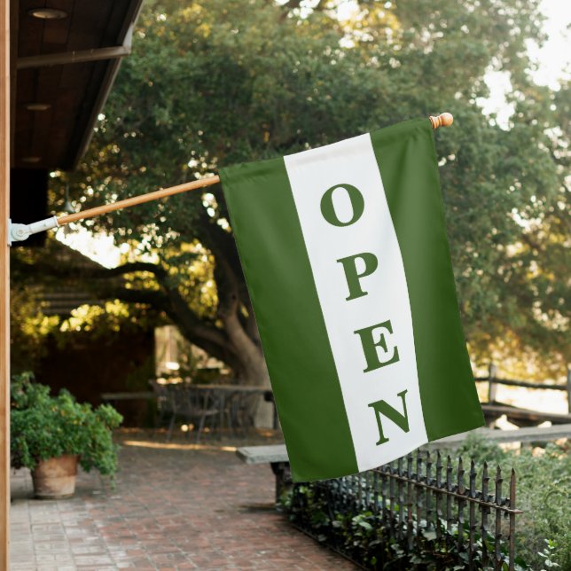 Green Stripe Vertical Open Sign Flag (In SItu)