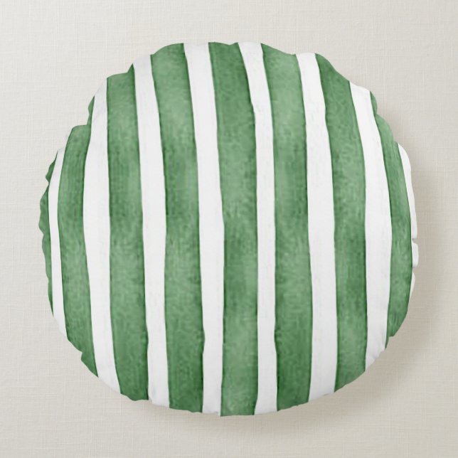 Green Stripe Water Color Round Throw Pillow (Front)