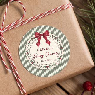 Green Stripe Winter Christmas Theme Baby Shower Classic Round Sticker