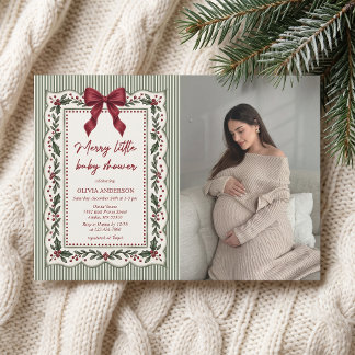 Green Stripe Winter Christmas Theme Baby Shower Invitation