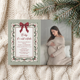 Green Stripe Winter Christmas Theme Baby Shower Invitation