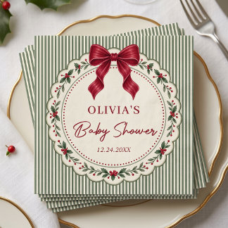 Green Stripe Winter Christmas Theme Baby Shower Napkins