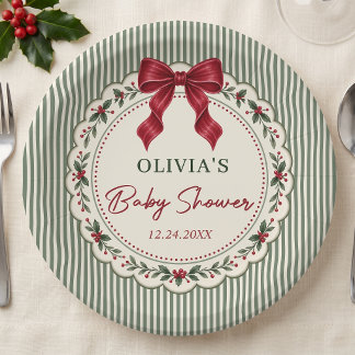 Green Stripe Winter Christmas Theme Baby Shower Paper Plates