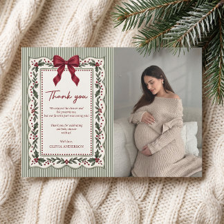 Green Stripe Winter Christmas Theme Baby Shower Thank You Card