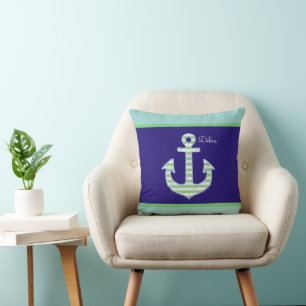 green Striped Anchor on blue personalized Nautical Throw Pillow
