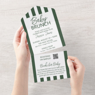 Green Striped Baby Brunch Invite with Book Card